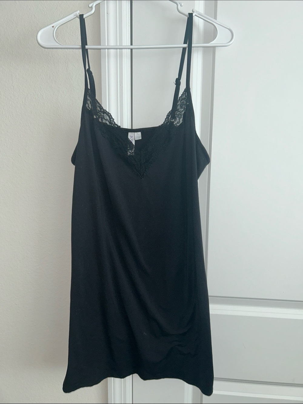 Lace-Trim Black Slip Chemise with Adjustable Straps